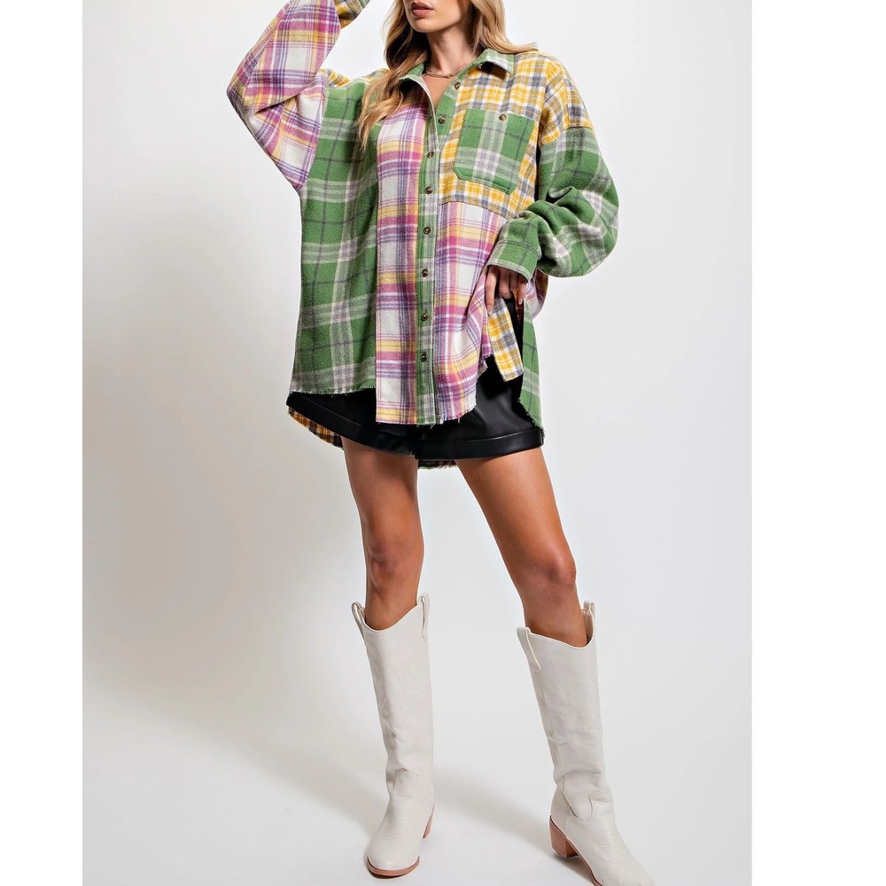 Easel Patchwork Plaid Flannel Shirt Oversized Colorblock Shacket Green Pink L a5